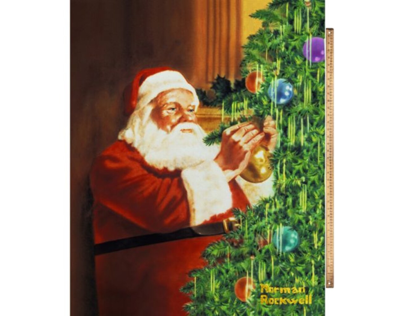 Santa Claus Christmas Tree Norman Rockwell Licensed by David Textiles Digital Print Cotton Fabric Panel | 100% Cotton | Sold By the Panel